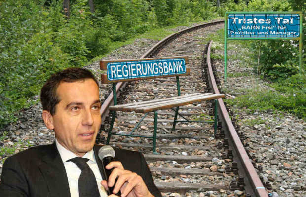 Regierungsbank Der Hintergrund ist keine Montage sondern Tatsache nach Sanierung und Einstellung der Triestingtalbahn, so um 2010 zum Amtsantritt Christian Kern´s | Fotos: Peter Schweinsteiger (Bahn) / Franz Johann Morgenbesser (Kern https://creativecommons.org/licenses/by-sa/2.0/)