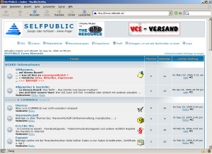 forum.selfpublic.at war ein Forum für e-commerce forum.selfpublic.at war ein Forum für e-commerce usw. Es brachte enorme Zugriffswerte und innerhalb weniger Wochen hatte ich (u. Moderator Pinky) nen Haufen User. Und es war ein gutes Forum, mit guten Umgangston was bis heute selten ist.