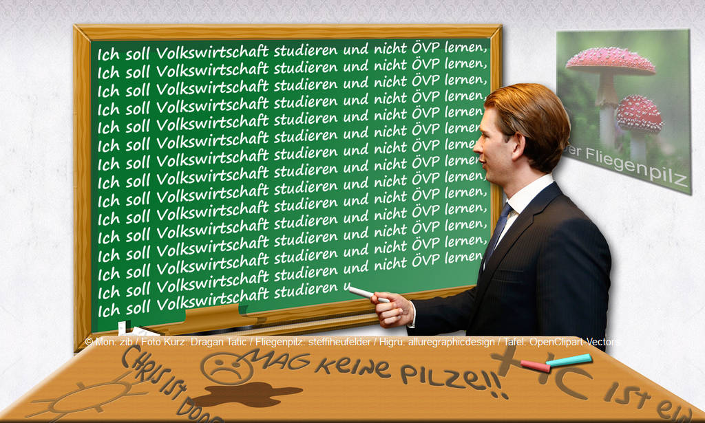 Pilz zu Kurz: "Sie haben ja nur ÖVP gelernt!" | © Mon: zib / Foto Kurz: Dragan Tatic / Fliegenpilz: steffiheufelder / Higru: alluregraphicdesign / Tafel: OpenClipart-Vectors