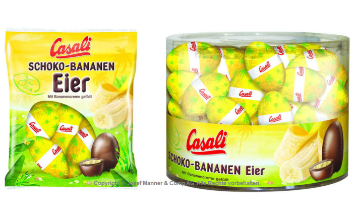 Die 6 Stück Packung Schokolade-Eier mit Bananencreme gefüllt und die 80 Stück Schokolade-Eier mit Bananencreme gefüllt | Copyright © Josef Manner & Comp AG. Alle Rechte vorbehalten.