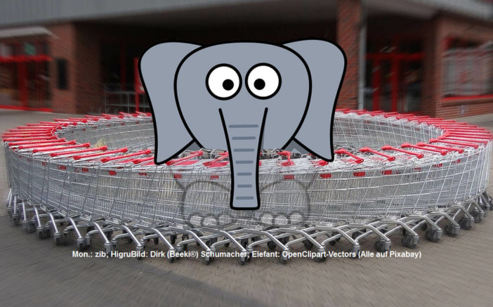 Shopping Wahnsinn Grenzerfahrung Einkauf Supermarkt Einkaufswagen Elefant Babyelefant | Mon.: zib; HigruBild: Dirk (Beeki®) Schumacher; Elefant: OpenClipart-Vectors (Alle auf Pixabay)