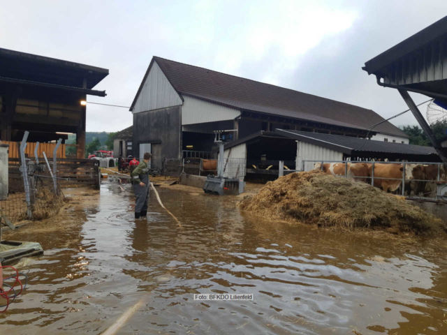 Einsatz auf einem Bauernhof | Foto: <a href="http://www.bfkdo-lilienfeld.at/" target="_blank" rel="noopener">BFKDO Lilienfeld</a> Unwetter Einsätze KHD Lilienfeld in Melk Juli 2021